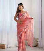 Peach gold twill net c fancy partywear embroidered saree