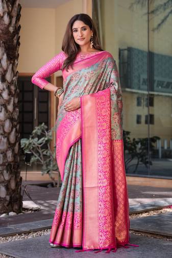 Women's Grey Faux Dharmavaram Silk Zari Woven Traditional Saree with Blouse