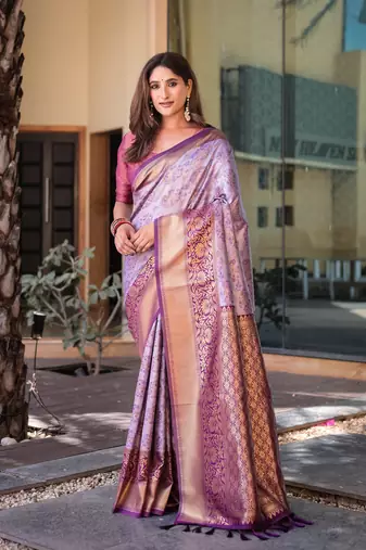 Women's Purple Faux Dharmavaram Silk Zari Woven Traditional Saree with Blouse