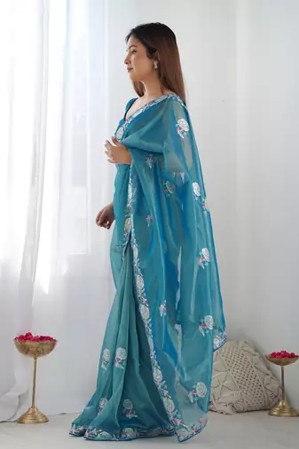 Teal blue gold twill net c fancy partywear embroidered saree