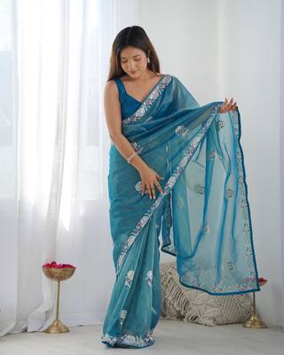 Teal blue gold twill net c fancy partywear embroidered saree 5