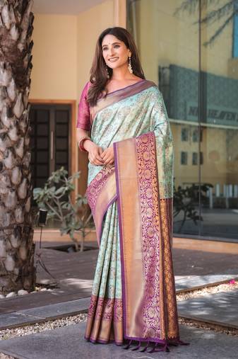 Women's Turquoise Faux Dharmavaram Silk Zari Woven Traditional Saree with Blouse