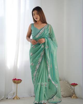Sea green gold twill net c fancy partywear embroidered saree 1