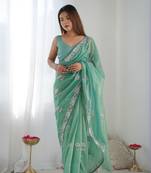 Sea green gold twill net c fancy partywear embroidered saree