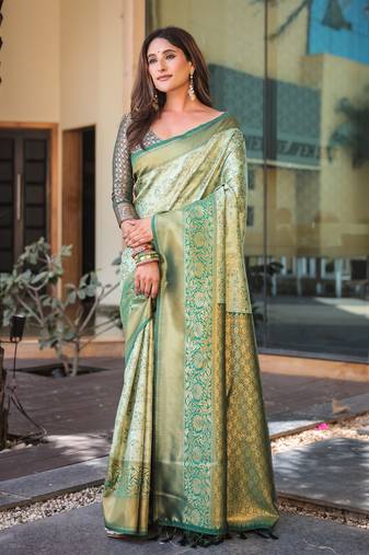 Women's Pista Faux Dharmavaram Silk Zari Woven Traditional Saree with Blouse