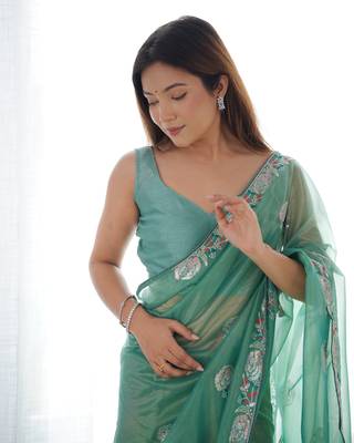 Sea green gold twill net c fancy partywear embroidered saree 3