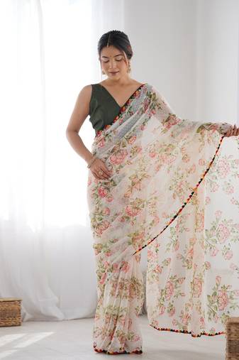 Off white georgette c graceful ethnic partywear saree
