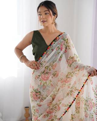Off white georgette c graceful ethnic partywear saree 3