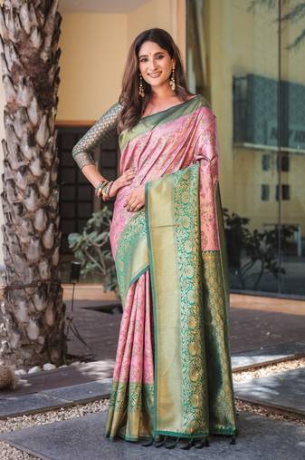 Women's Baby Pink Faux Dharmavaram Silk Zari Woven Traditional Saree with Blouse