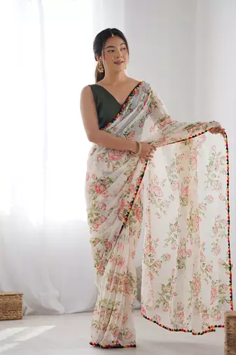 Off white georgette c graceful ethnic partywear saree