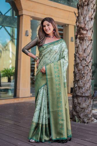 Women's Pista Faux Dharmavaram Silk Zari Woven Traditional Saree with Blouse