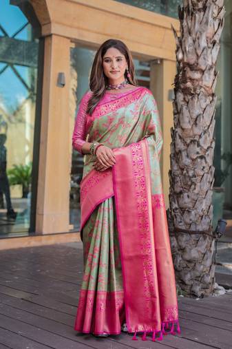 Women's Pista Faux Dharmavaram Silk Zari Woven Traditional Saree with Blouse