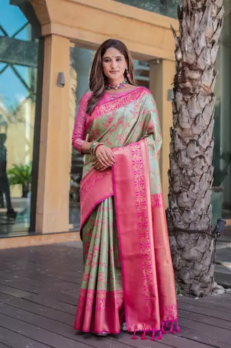 Women's Pista Faux Dharmavaram Silk Zari Woven Traditional Saree with Blouse