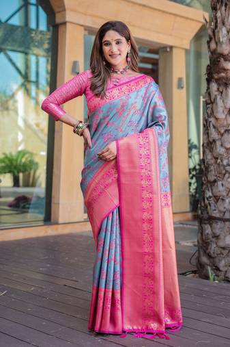 Women's Sky Blue Faux Dharmavaram Silk Zari Woven Traditional Saree with Blouse