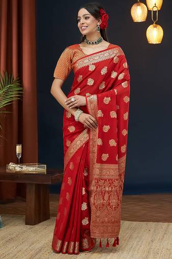 Red georgette c designer zari woven saree for partywear looks