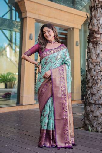 Women's Turquoise Faux Dharmavaram Silk Zari Woven Traditional Saree with Blouse