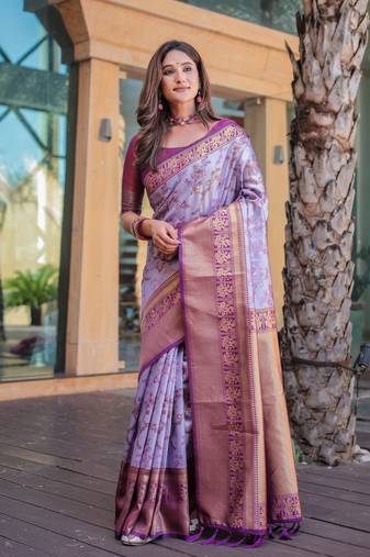 Women's Light Purple Faux Dharmavaram Silk Zari Woven Traditional Saree with Blouse