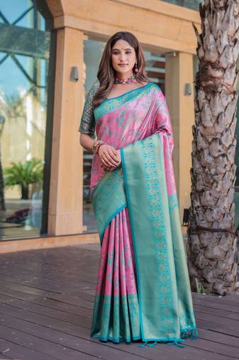 Women's Baby Pink Faux Dharmavaram Silk Zari Woven Traditional Saree with Blouse