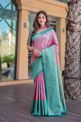 Women's Baby Pink Faux Dharmavaram Silk Zari Woven Traditional Saree with Blouse
