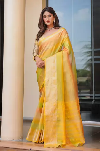 Women's Yellow Banarasi Handloom Silk Zari Woven Traditional Saree with Blouse