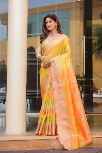 Women's Orange Banarasi Handloom Silk Zari Woven Traditional Saree with Blouse