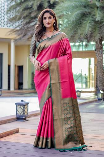 Women's Pink Faux Kanjivaram Silk Zari Woven Traditional Saree with Blouse
