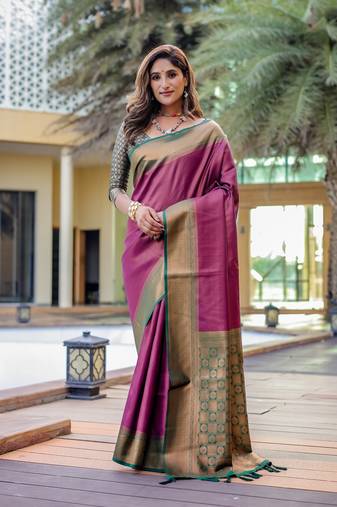 Women's Purple Faux Kanjivaram Silk Zari Woven Traditional Saree with Blouse