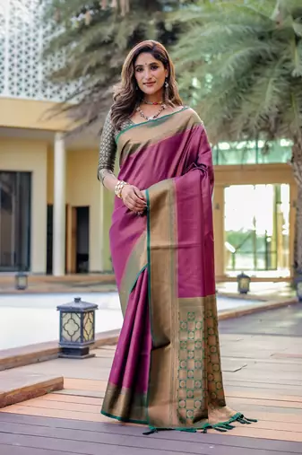 Women's Purple Faux Kanjivaram Silk Zari Woven Traditional Saree with Blouse