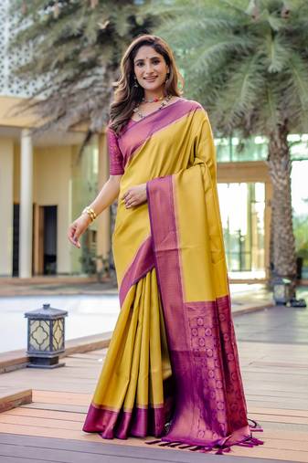 Women's Yellow Faux Kanjivaram Silk Zari Woven Traditional Saree with Blouse