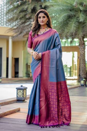 Women's Blue Faux Kanjivaram Silk Zari Woven Traditional Saree with Blouse