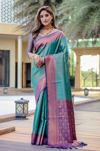 Women's Turquoise Faux Kanjivaram Silk Zari Woven Traditional Saree with Blouse