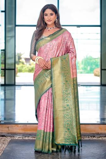Women's Baby Pink Faux Dharmavaram Silk Zari Woven Traditional Saree with Blouse