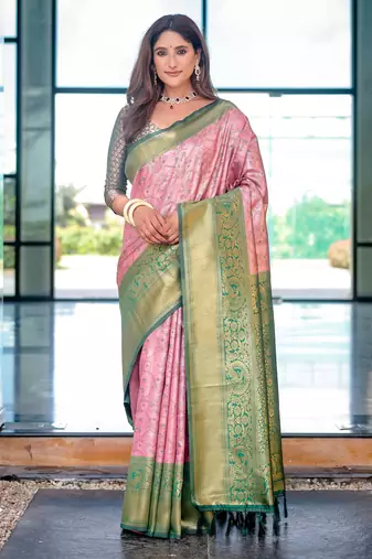 Women's Baby Pink Faux Dharmavaram Silk Zari Woven Traditional Saree with Blouse
