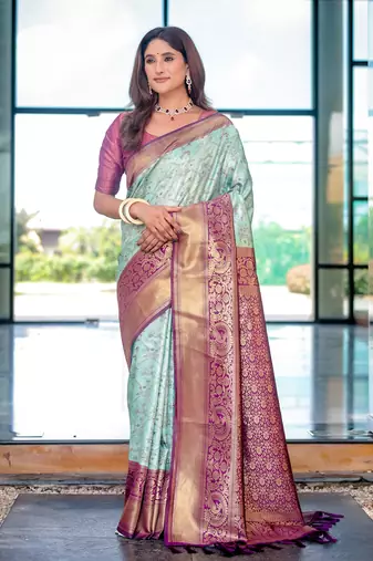 Women's Turquoise Faux Dharmavaram Silk Zari Woven Traditional Saree with Blouse