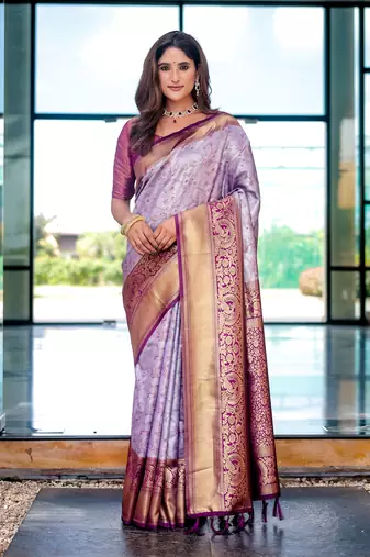 Women's Light Purple Faux Dharmavaram Silk Zari Woven Traditional Saree with Blouse