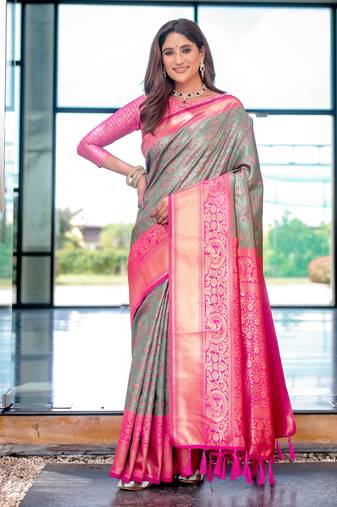 Women's Grey Faux Dharmavaram Silk Zari Woven Traditional Saree with Blouse