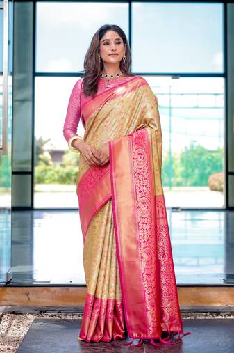 Women's Yellow Faux Dharmavaram Silk Zari Woven Traditional Saree with Blouse
