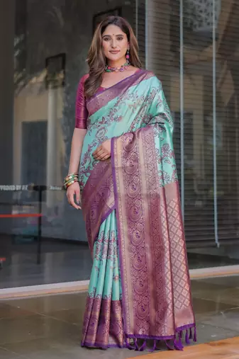 Women's Turquoise Faux Dharmavaram Silk Zari Woven Traditional Saree with Blouse