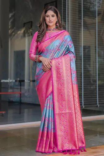 Women's Blue Faux Dharmavaram Silk Zari Woven Traditional Saree with Blouse