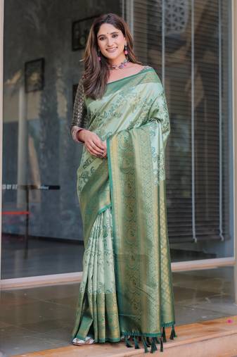 Women's Sea Green Faux Dharmavaram Silk Zari Woven Traditional Saree with Blouse