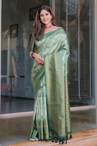 Women's Sea Green Faux Dharmavaram Silk Zari Woven Traditional Saree with Blouse