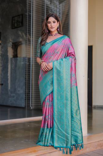 Women's Pink Faux Dharmavaram Silk Zari Woven Traditional Saree with Blouse