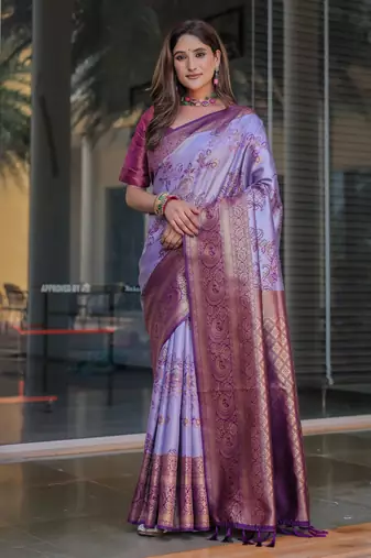 Women's Light Purple Faux Dharmavaram Silk Zari Woven Traditional Saree with Blouse