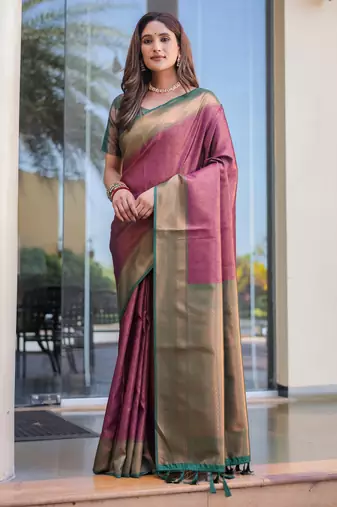 Women's Wine Faux Kanjivaram Silk Zari Woven Traditional Saree with Blouse