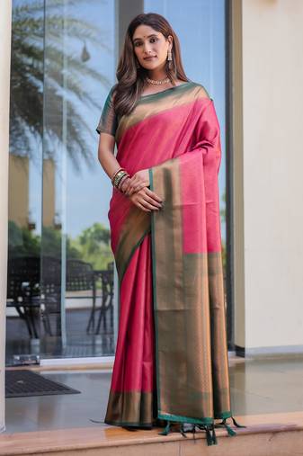 Women's Pink Faux Kanjivaram Silk Zari Woven Traditional Saree with Blouse