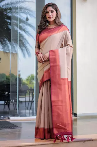Women's Beige Faux Kanjivaram Silk Zari Woven Traditional Saree with Blouse
