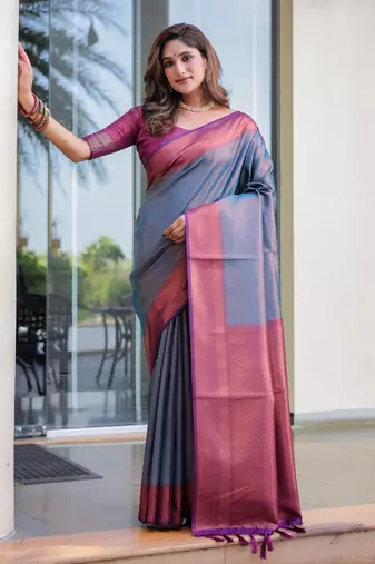 Women's Blue Faux Kanjivaram Silk Zari Woven Traditional Saree with Blouse