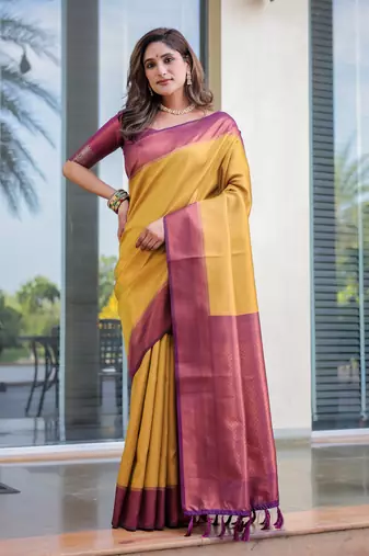 Women's Yellow Faux Kanjivaram Silk Zari Woven Traditional Saree with Blouse