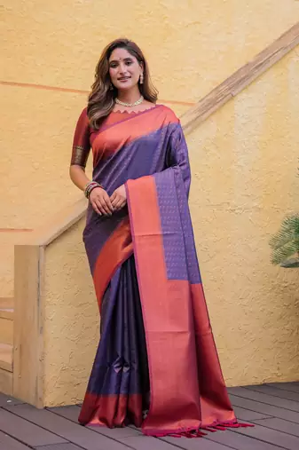 Women's Purple Faux Kanjivaram Silk Zari Woven Traditional Saree with Blouse