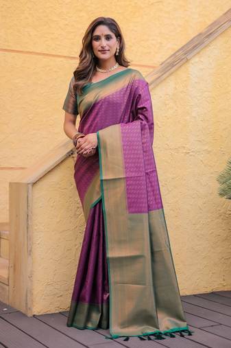 Women's Wine Faux Kanjivaram Silk Zari Woven Traditional Saree with Blouse